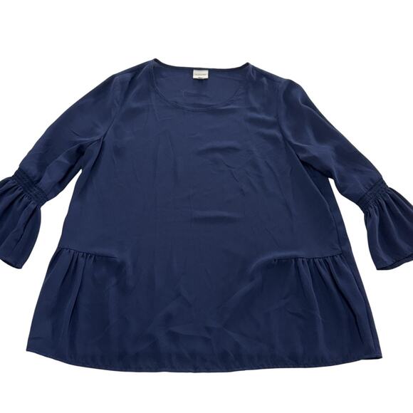Pleione Blouse Womens Small Navy Blue Bell Sleeve Pullover Top Polyester Ruffle - Picture 1 of 7